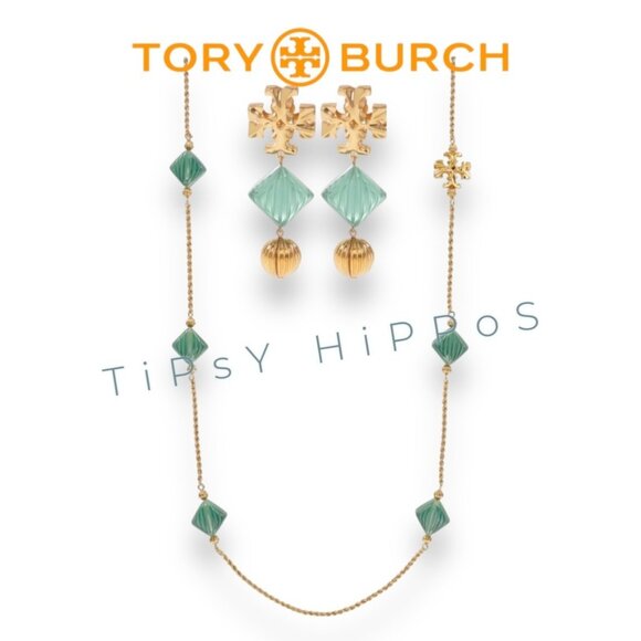 Tory Burch Gold & Green Earrings & Necklace Set Sparkle Like a Fancy Leprechaun - Picture 2 of 9